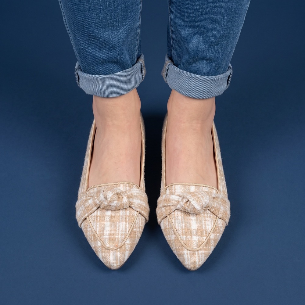 Ann Taylor Flats Womens 7M Pointed Toe Tan Tweed Knotted Bow EUC